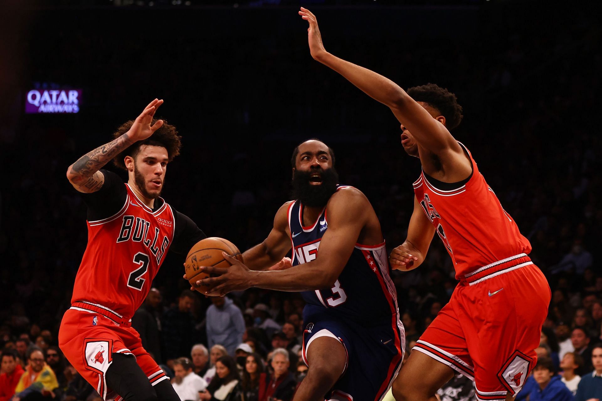 James Harden of the Brooklyn Nets drives against Lonzo Ball of the Chicago Bulls.