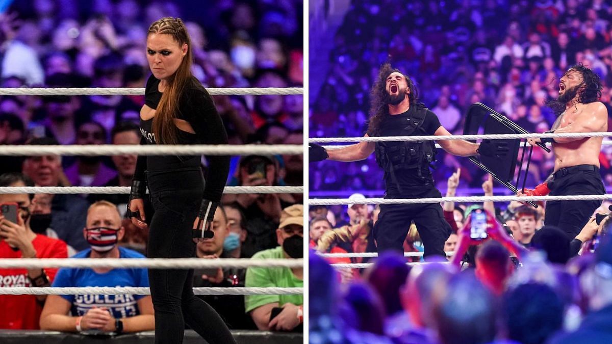 Ronda Rousey (left); Roman Reigns and Seth Rollins (right)