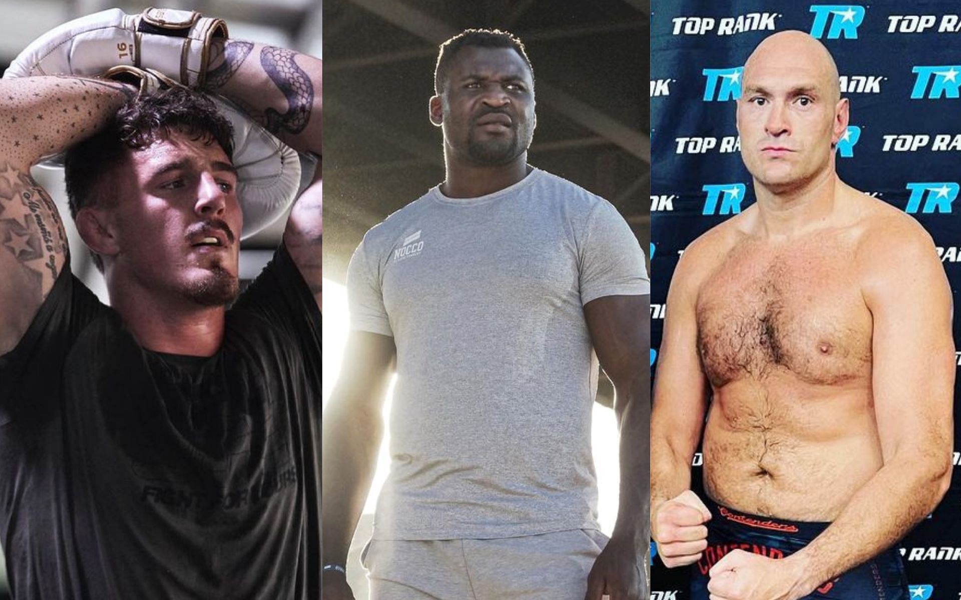 Tom Aspinall (left), Francis Ngannou (middle), Tyson Fury (right) [Image credits: @tomaspinall93, @francisngannou, and @gypsyking101 via Instagram]