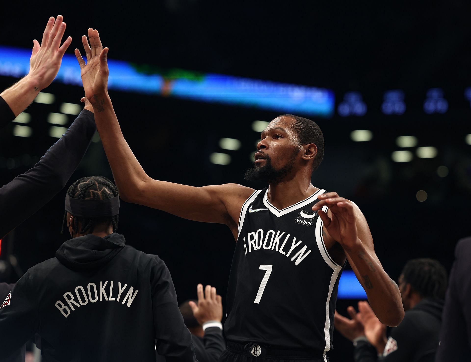 Kevin Durant of the Brooklyn Nets celebrates a basket against the New Orleans Pelicans.