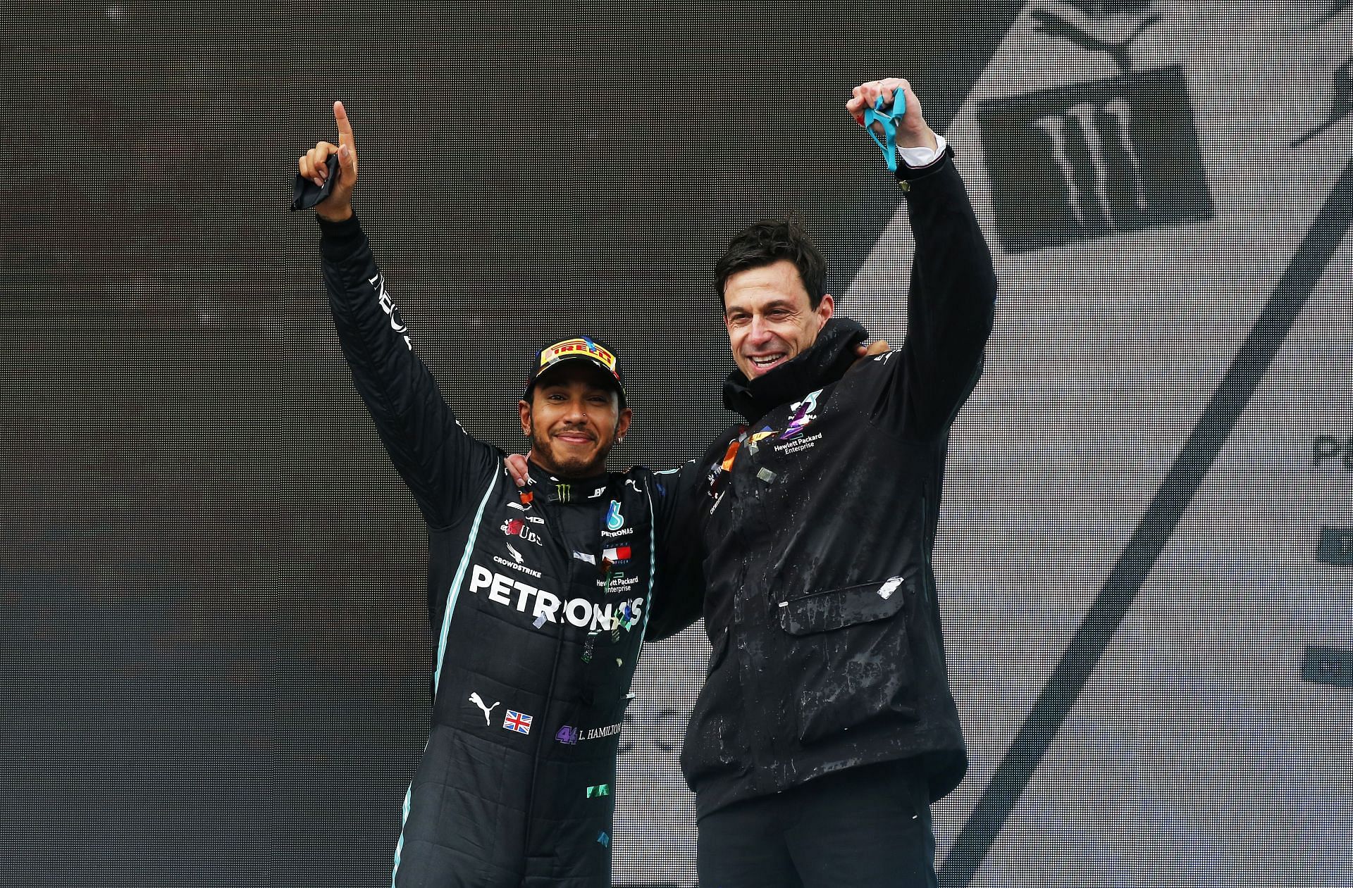 Lewis Hamilton and Toto Wolff on the podium at the Turkish GP 2020 (Photo by Kenan Asyali - Pool/Getty Images)