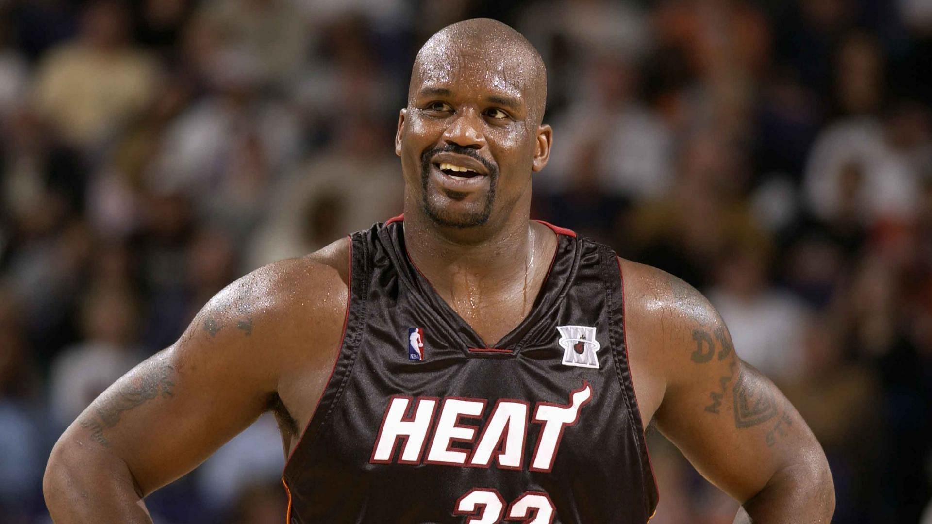 Shaquille O&#039;Neal reacts in a game during his time with the Miami Heat.