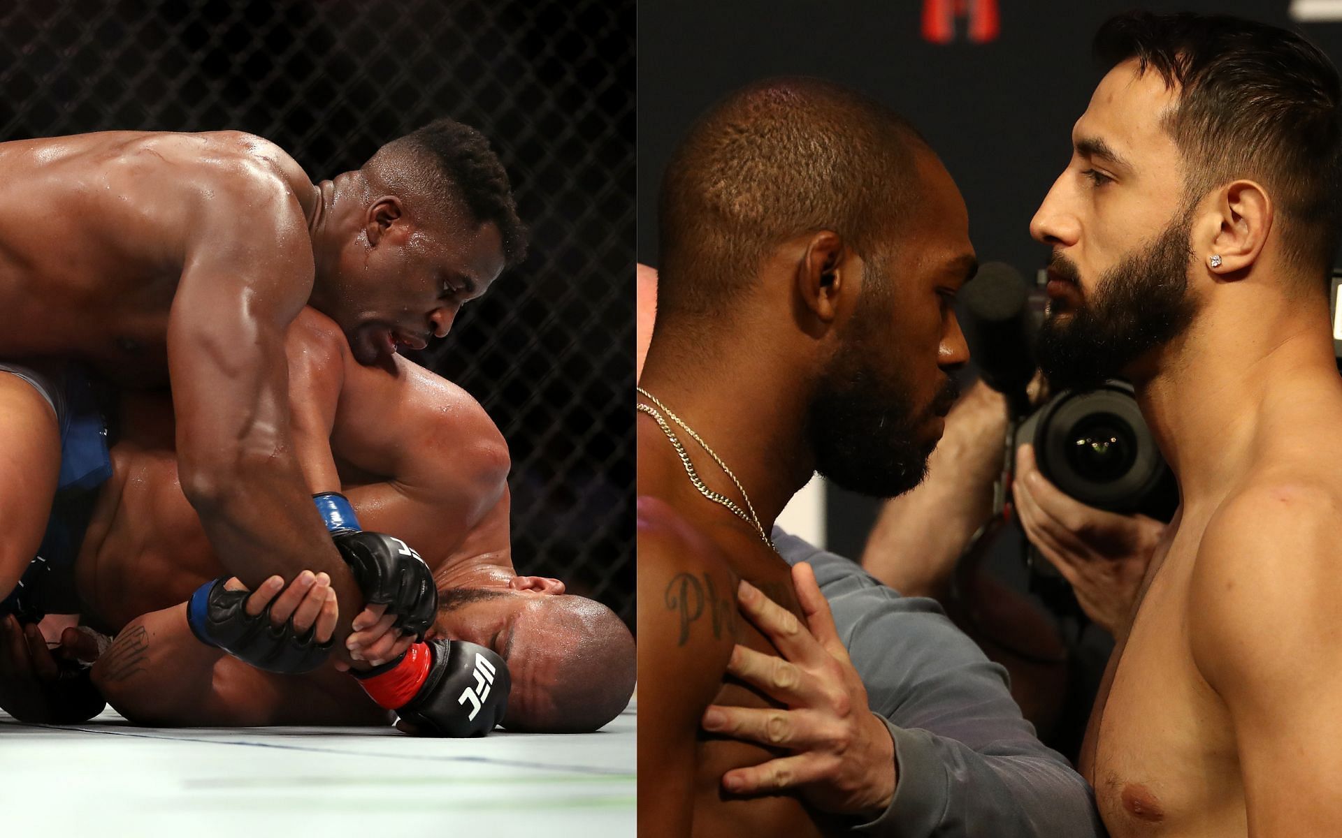 Francis Ngannou grappling with Ciryl Gane at UFC 270 (left) and Dominick Reyes facing off with Jon Jones ahead of UFC 247 (right)