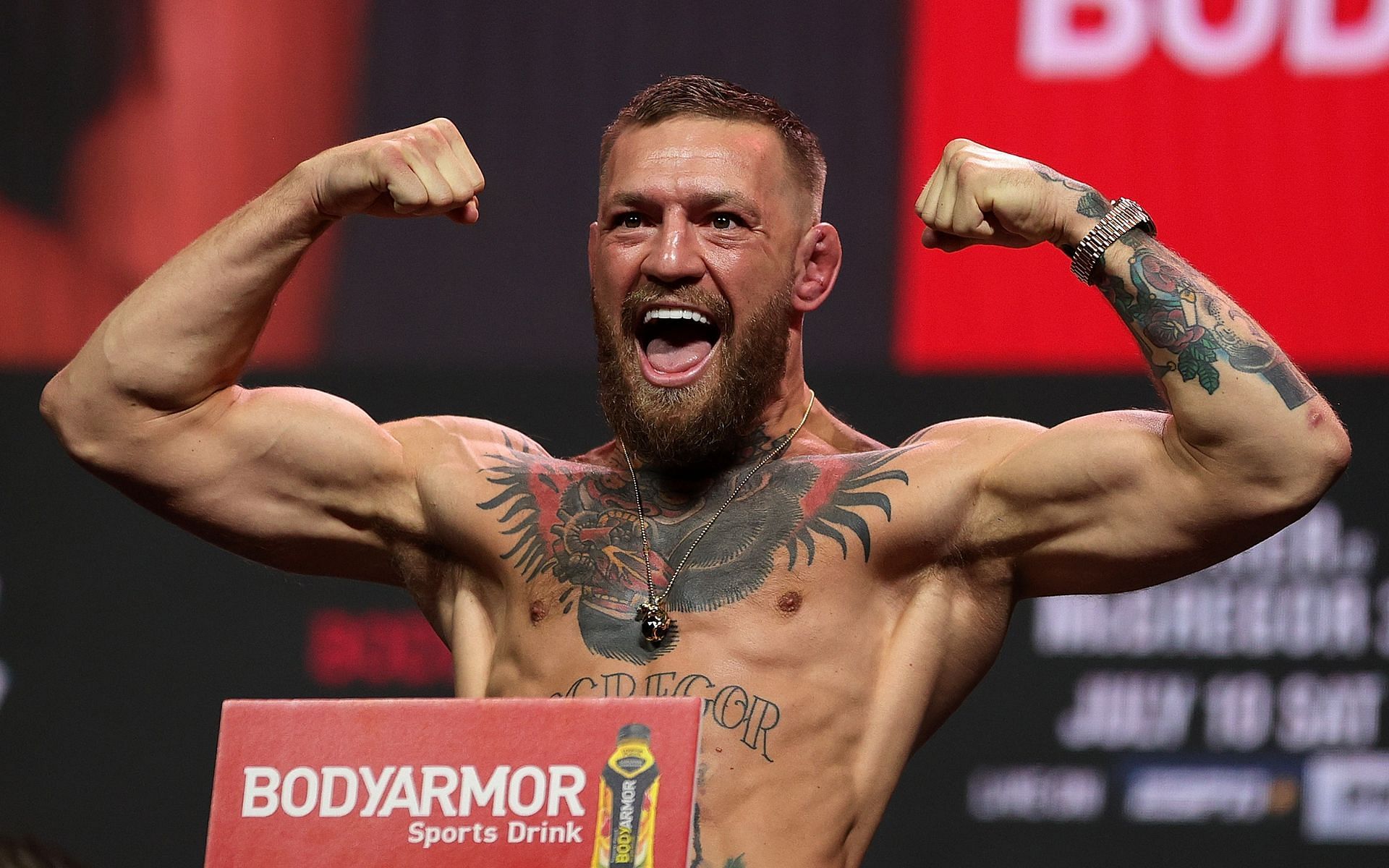 Conor McGregor poses for the media during the ceremonial weigh-in of UFC 264 ahead of his main event against Dustin Poirier in 2021