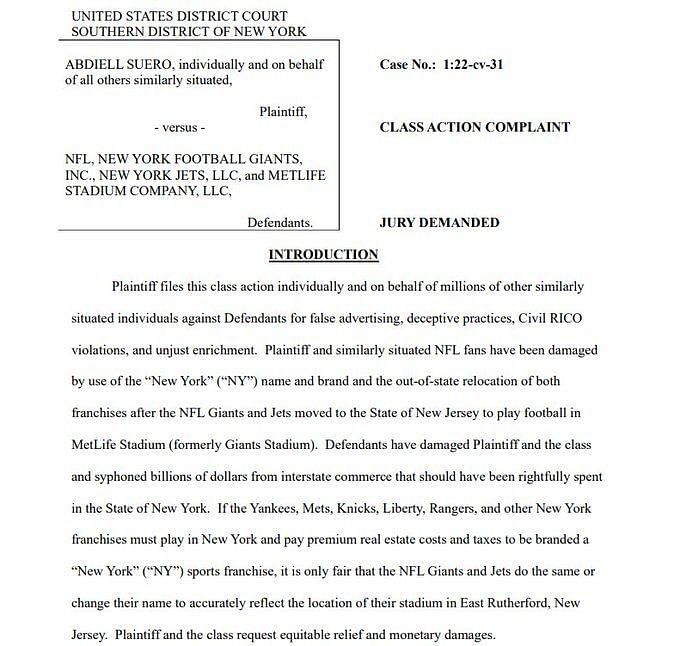 Fan sues Giants, Jets for $6 billion demanding both teams leave New Jersey  and play home games in New York 