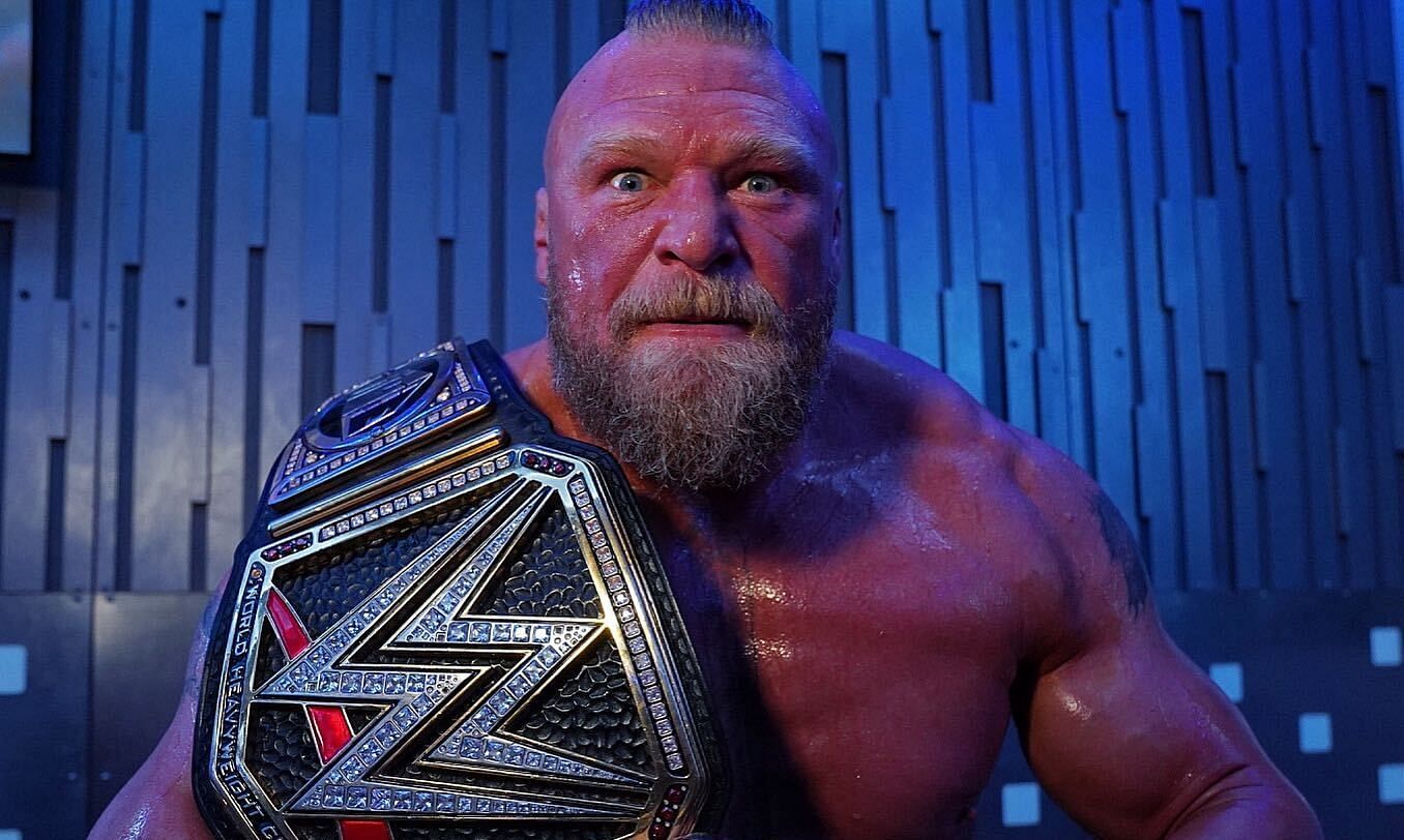 Brock Lesnar posing backstage after WWE title win