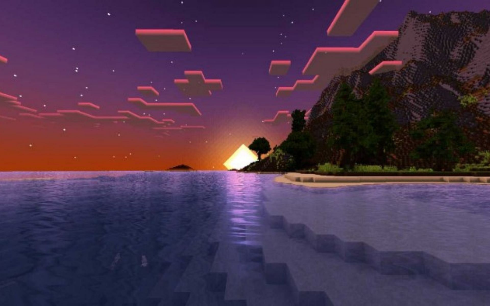 A beautiful sunset in Minecraft enhanced by a shader pack created by Hyrazero (Image via MCPE DL)