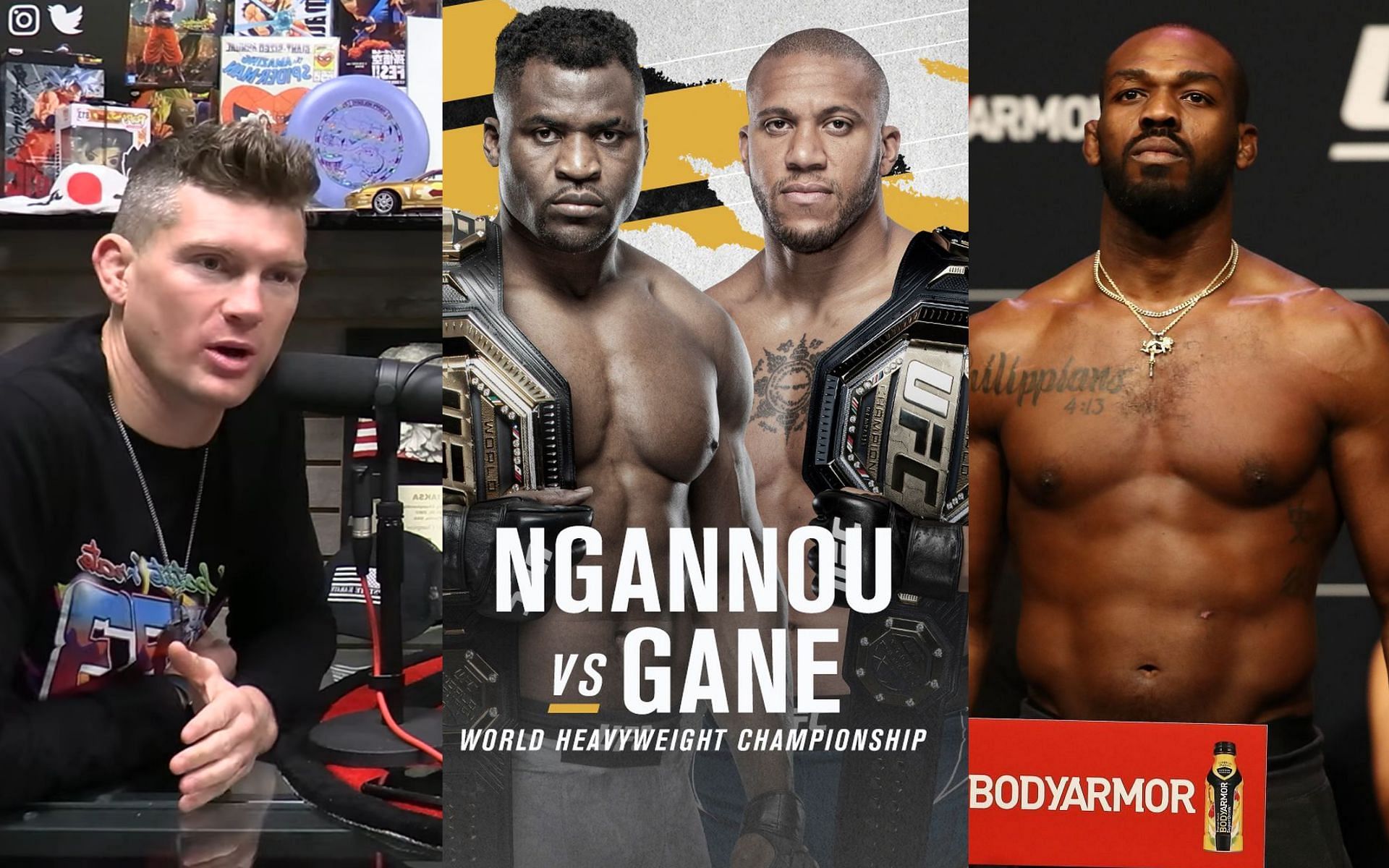 Stephen Thompson (left) via. youtube/StephenWonderboyThompson; UFC 270; Ngannou vs.Gane (centre) via. twitter/UFC; Jon &#039;Bones&#039; Jones (right).