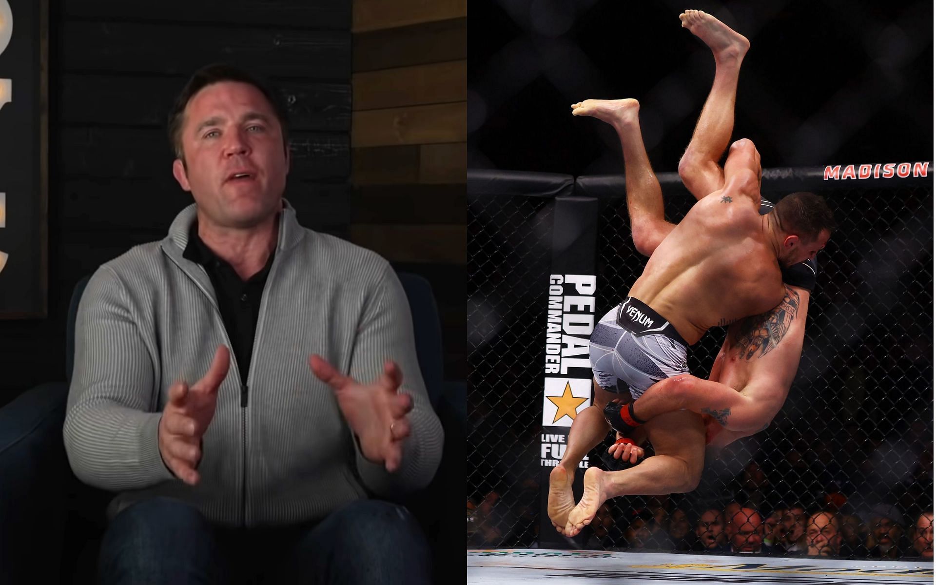 Chael Sonnen (left) image via. youtube/chaelsonnen; Michael Chandler and Justin Gaethje in action at UFC 268.