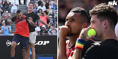 Thanasi Kokkinakis and Nick Kyrgios during a doubles match at the Australian Open