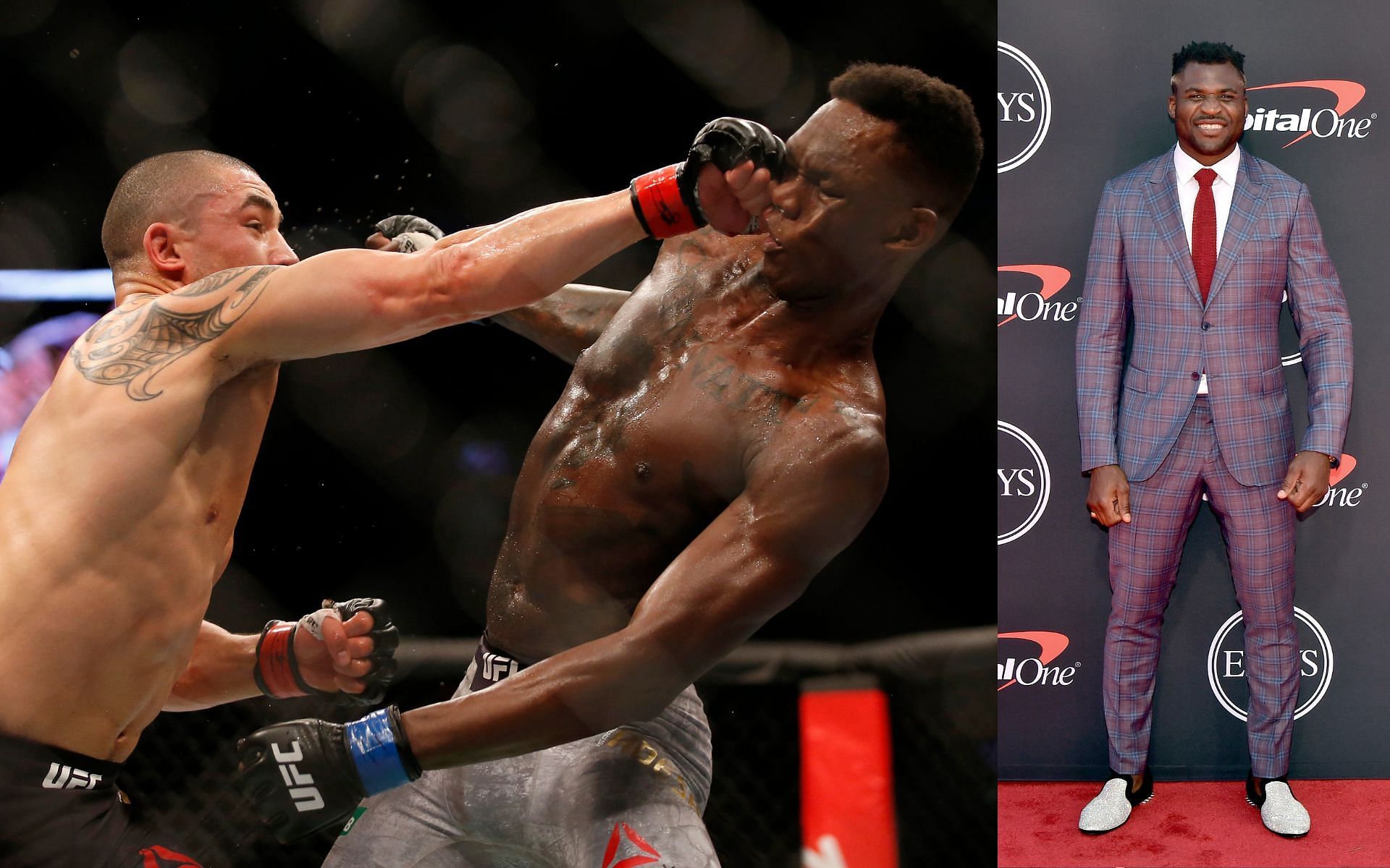 Action from the UFC 243 encounter between Robert Whittaker and Israel Adesanya (left), and Francis Ngannou at an event (right)