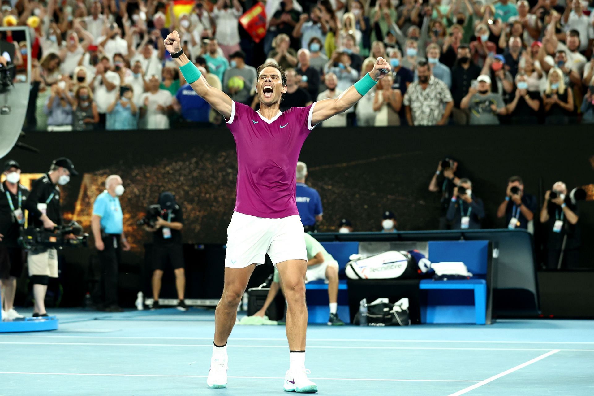 Rafael Nadal celebrates after winning the 2022 Australian Open