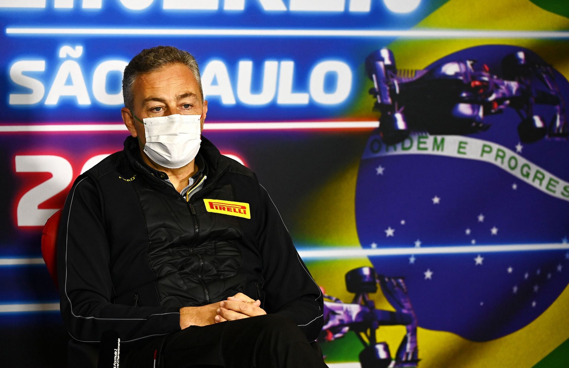 Pirelli boss Mario Isola in conversation during the 2021 Sao Paolo Grand Prix (Photo by Clive Mason/Getty Images)