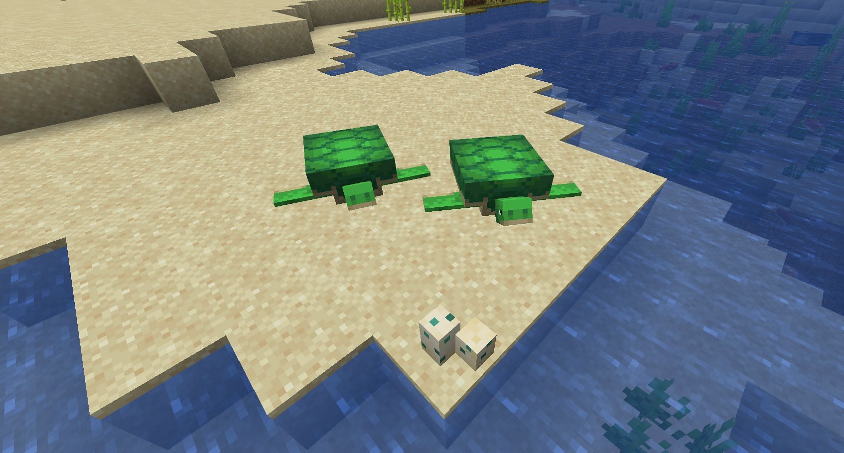 Turtles with their eggs on a beach (Image via Minecraft)