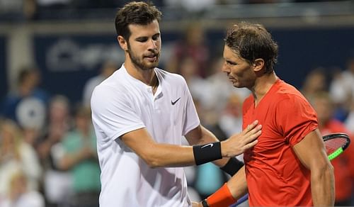 Karen Khachanov (L) and Rafael Nadal