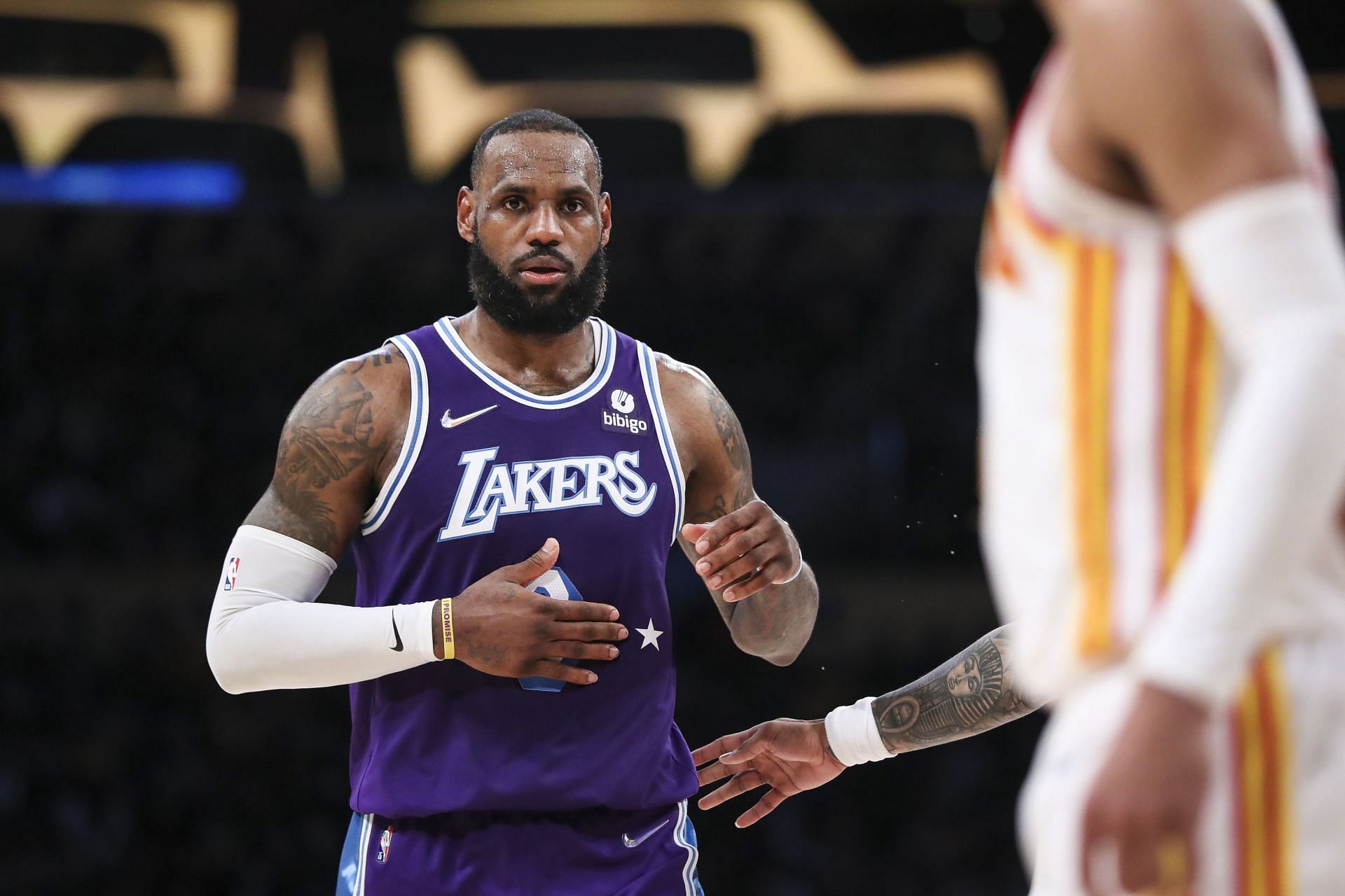 LeBron James #6 of the Los Angeles Lakers reacts during the second half at Crypto.com Arena on January 07, 2022 in Los Angeles, California.