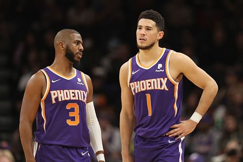 Chris Paul and Devin Booker of the Phoenix Suns.