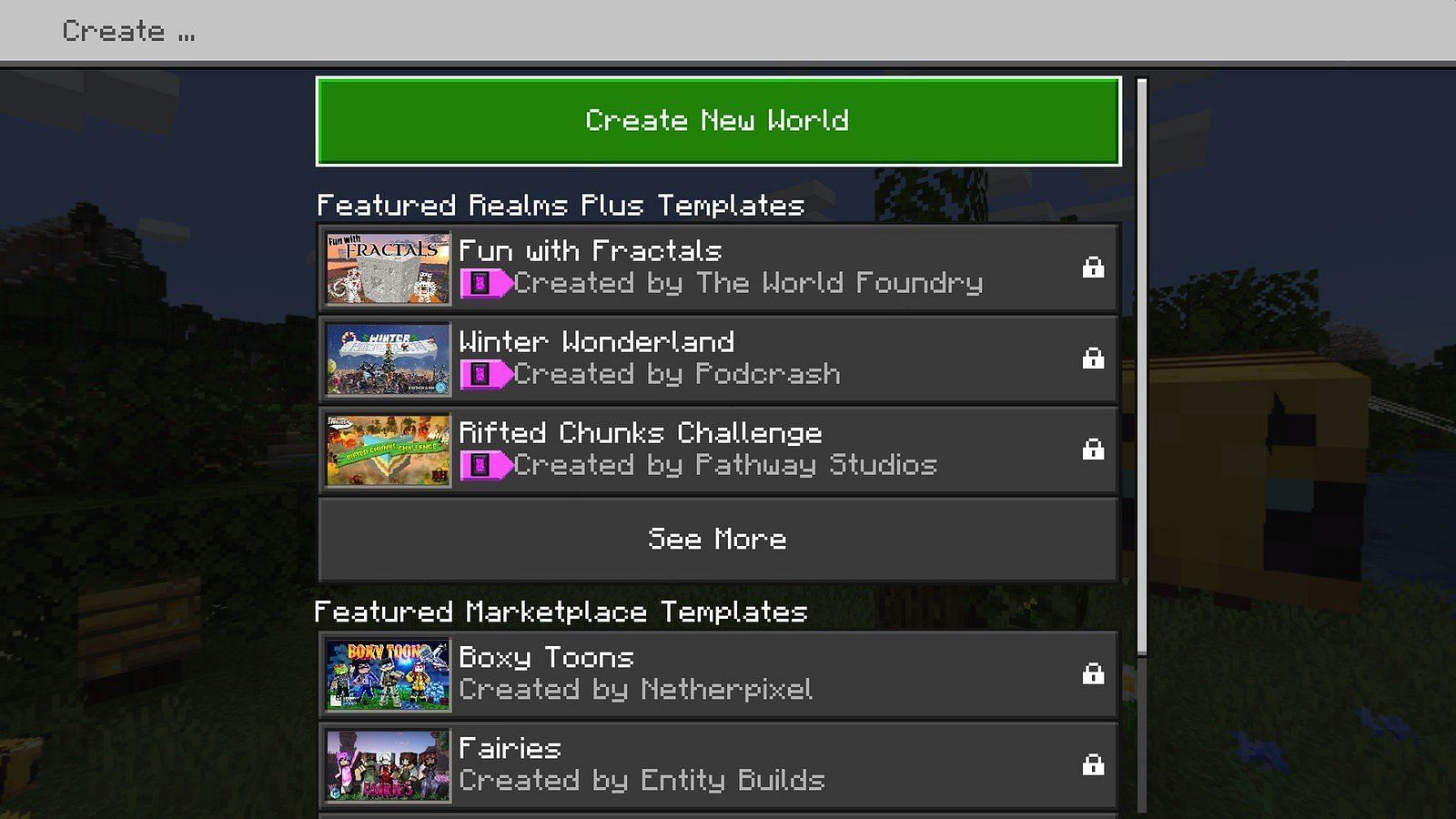 The old &quot;Create New World&quot; screen (Image via Minecraft)