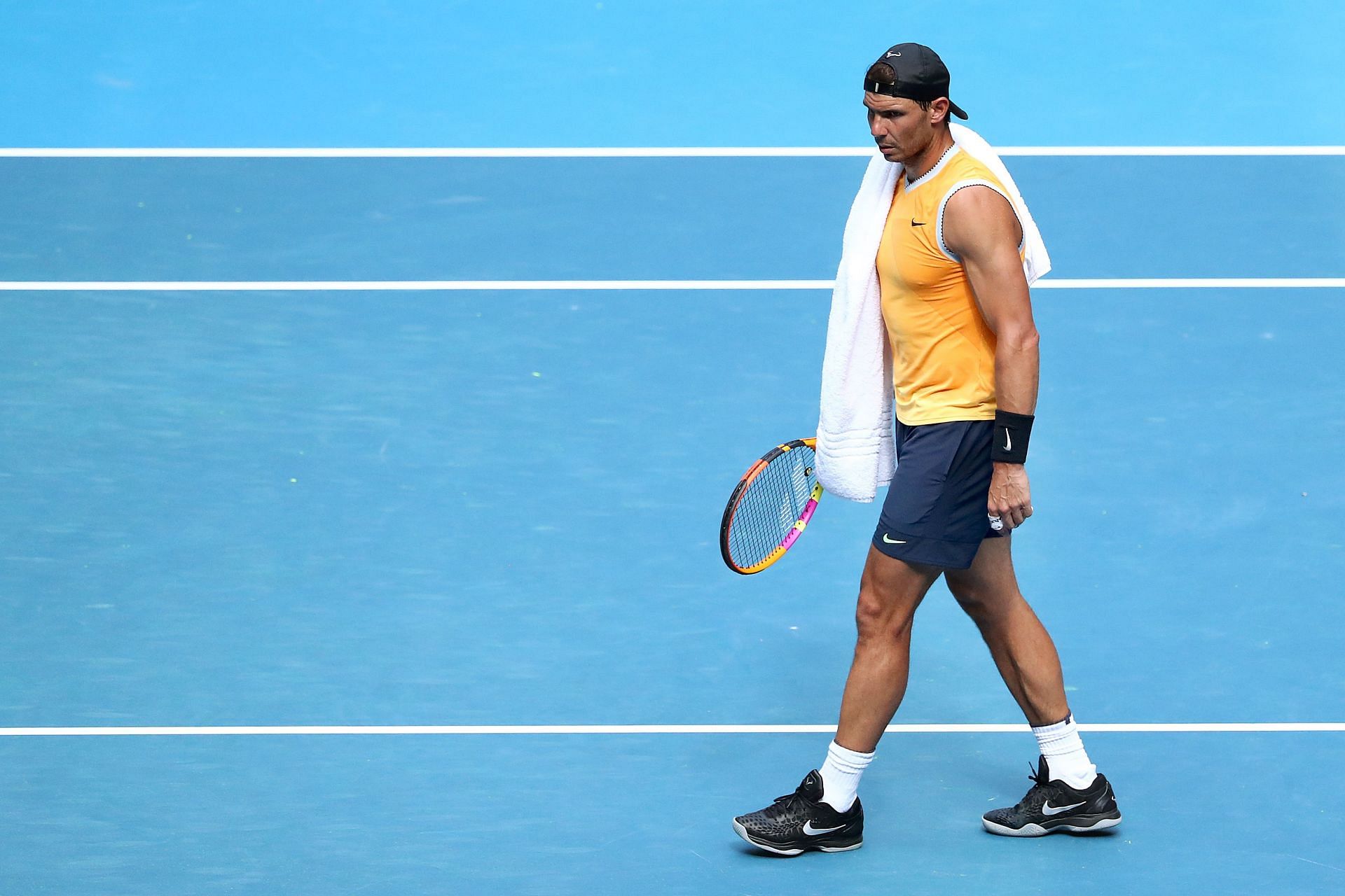 Rafael Nadal practices at the Rod Laver Arena ahead of the 2022 Australian Open