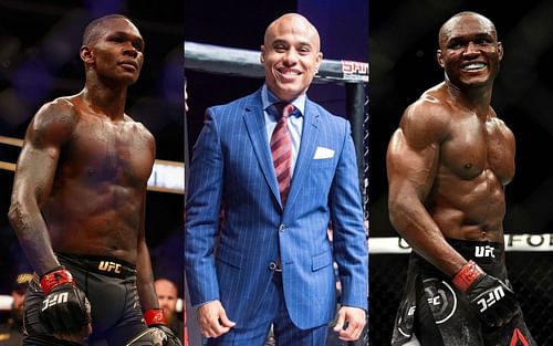 L-R: Israel Adesanya, Ali Abdelaziz, and Kamaru Usman