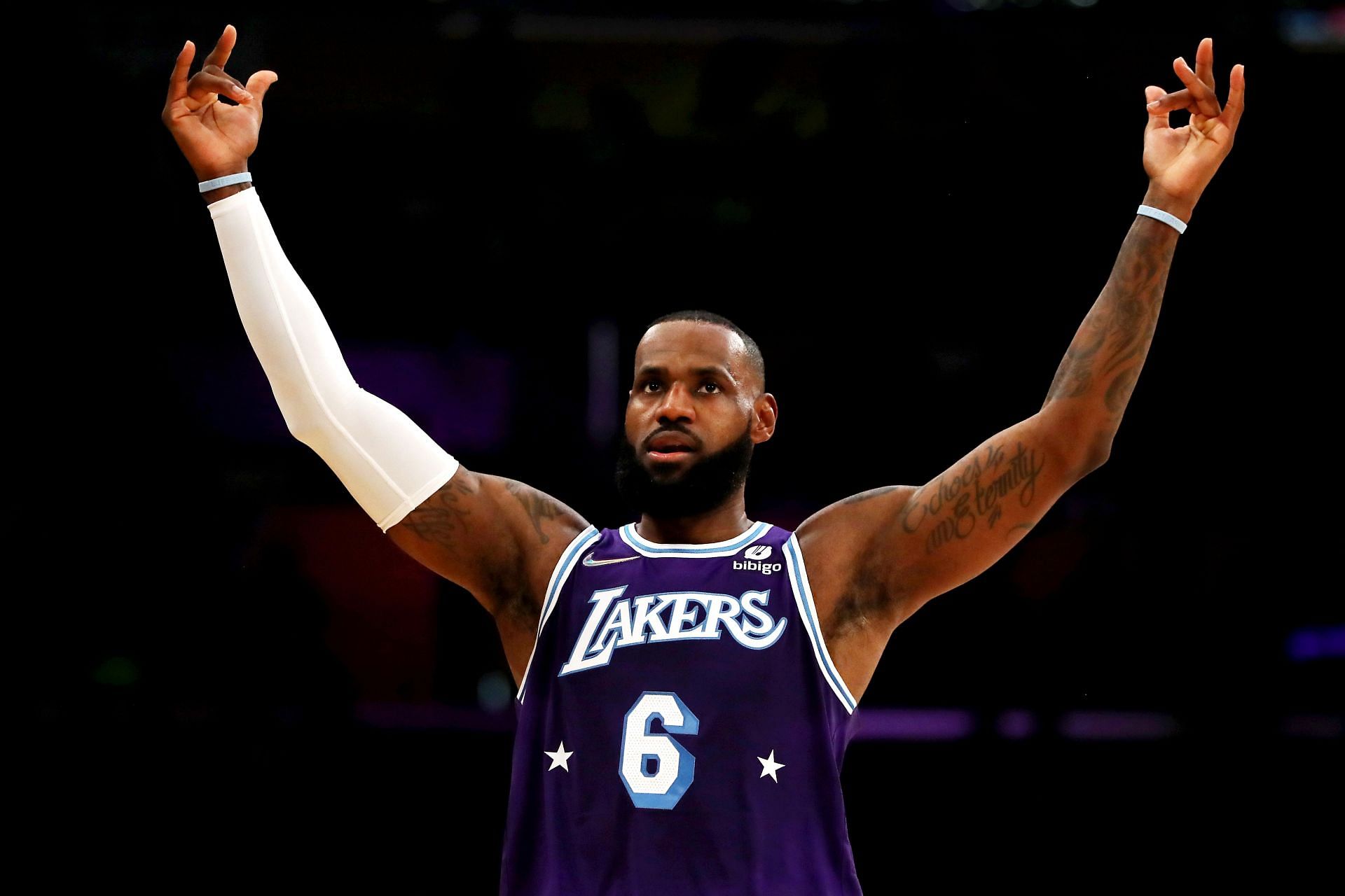 LeBron James #6 of the Los Angeles Lakers reacts after a play during the first quarter against the Portland Trail Blazers at Crypto.com Arena on December 31, 2021 in Los Angeles, California.