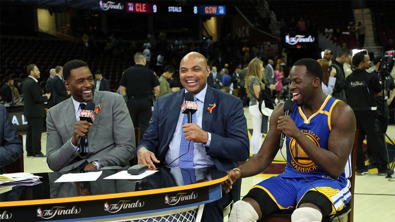 Golden State Warriors forward Draymond Green, right, and NBA legend Charles Barkley, middle