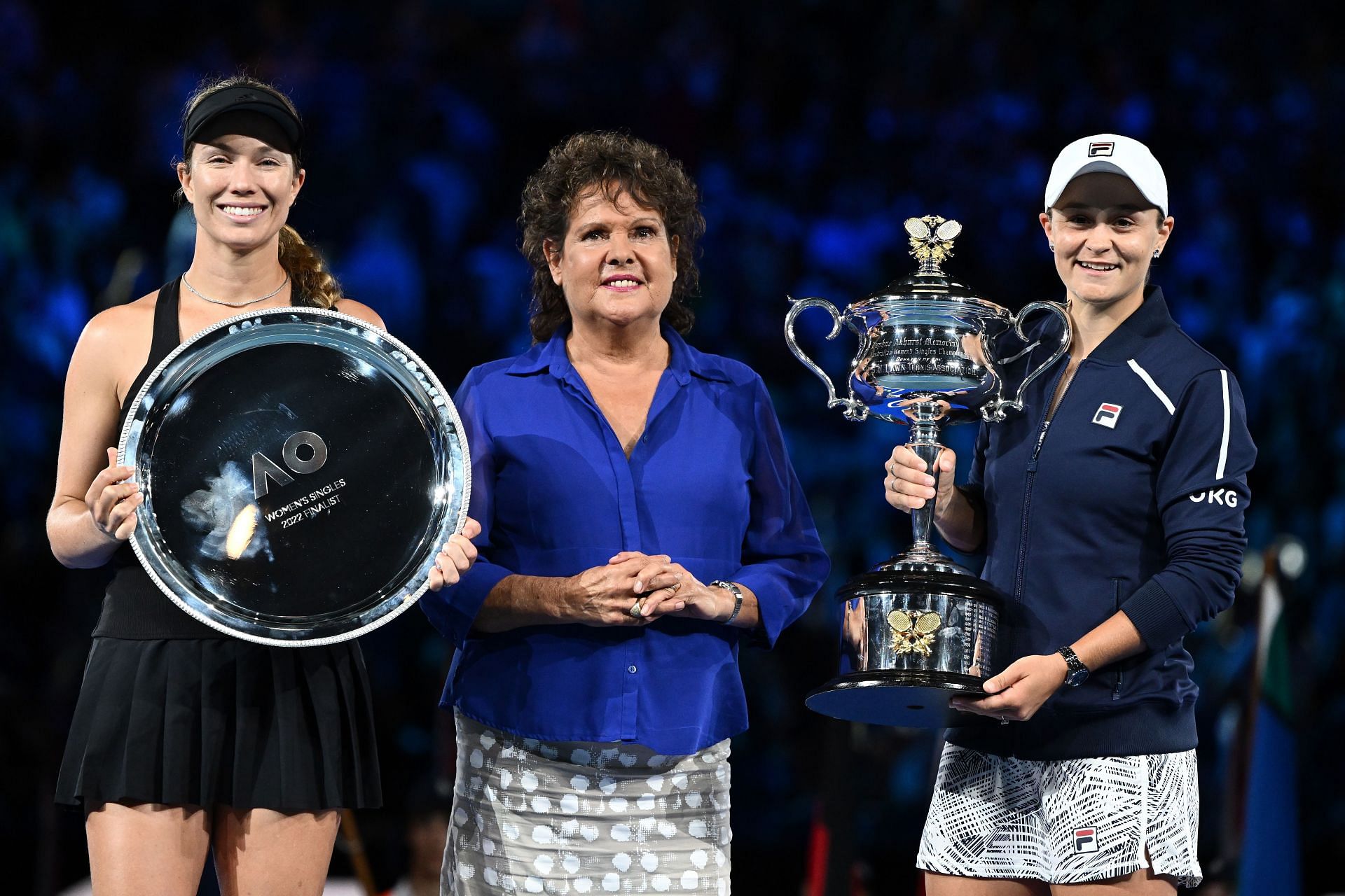 Danielle Collins, Evonne Goolagong Cawley and Ashleigh Barty during the trophy presentation for the Women&rsquo;s Singles Final match at the 2022 Australian Open