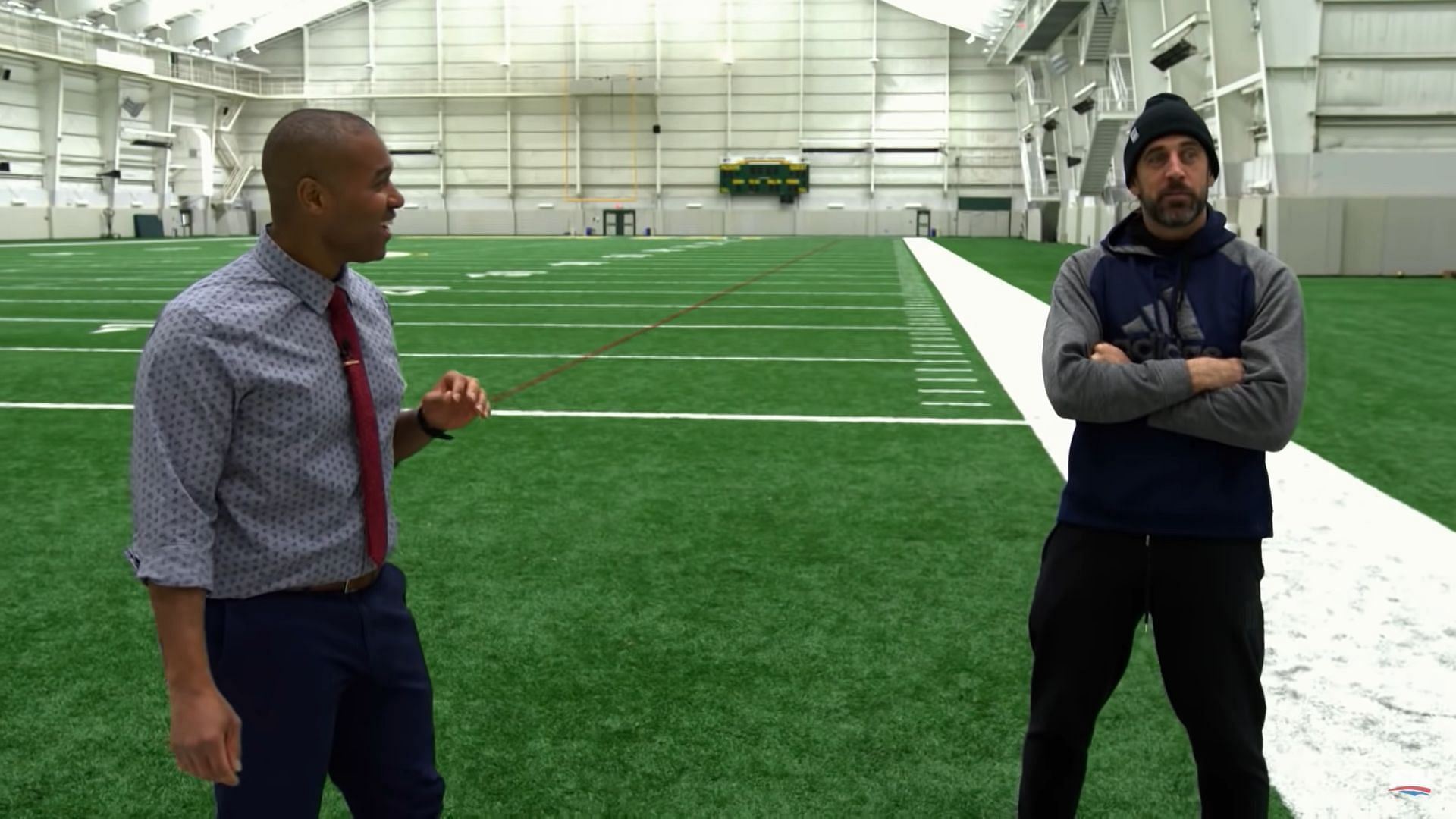 Aaron Rodgers with Cabbie Richards on a segment for Sportsnet