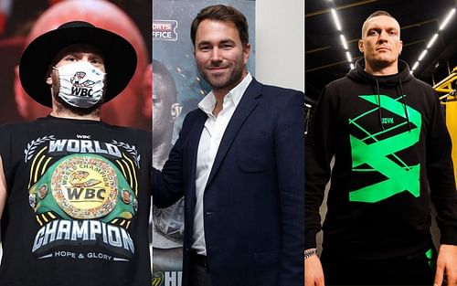 [L-R] Tyson Fury, Eddie Hearn and Oleksandr Usyk