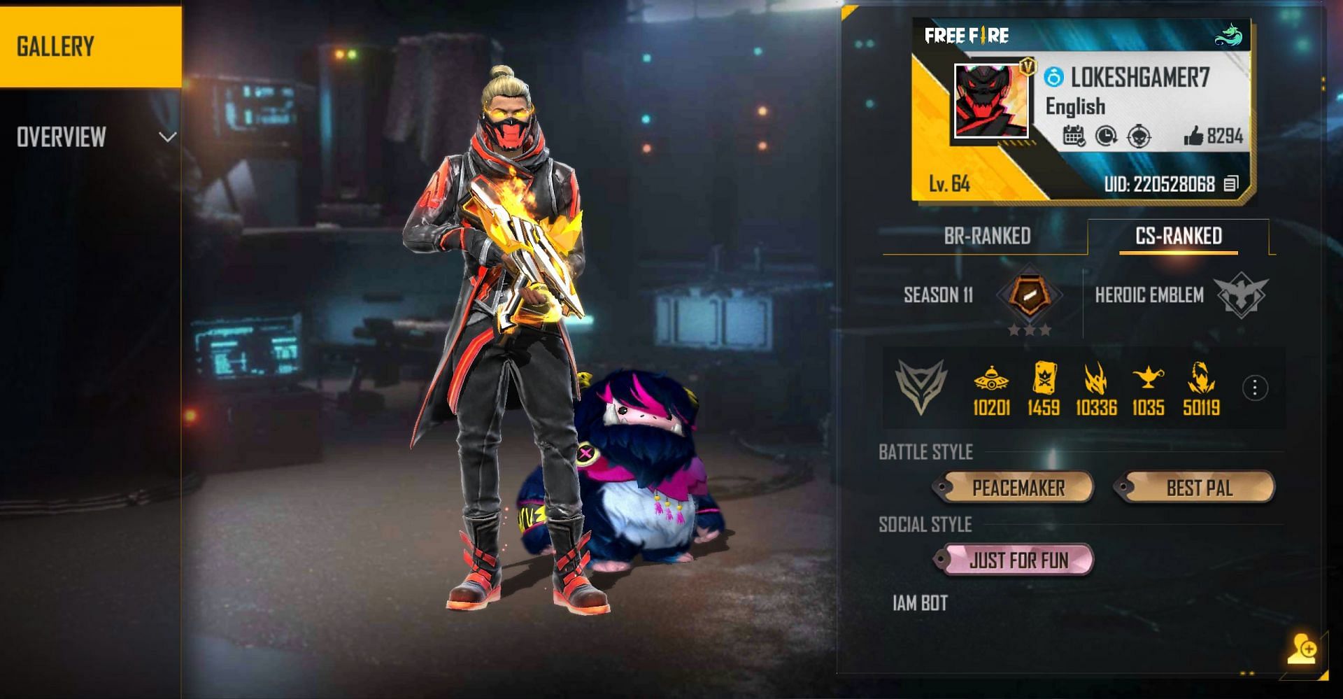 Lokesh Gamer&#039;s Free Fire ID (Image via Garena)