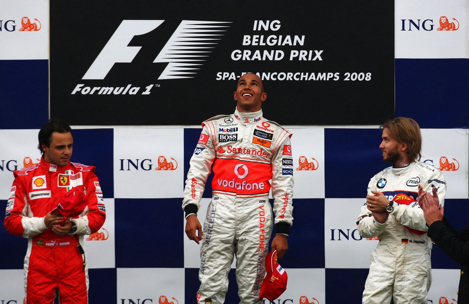 F1 Grand Prix of Belgium &mdash; Lewis Hamilton celebrates his victory before being penalized by the FIA