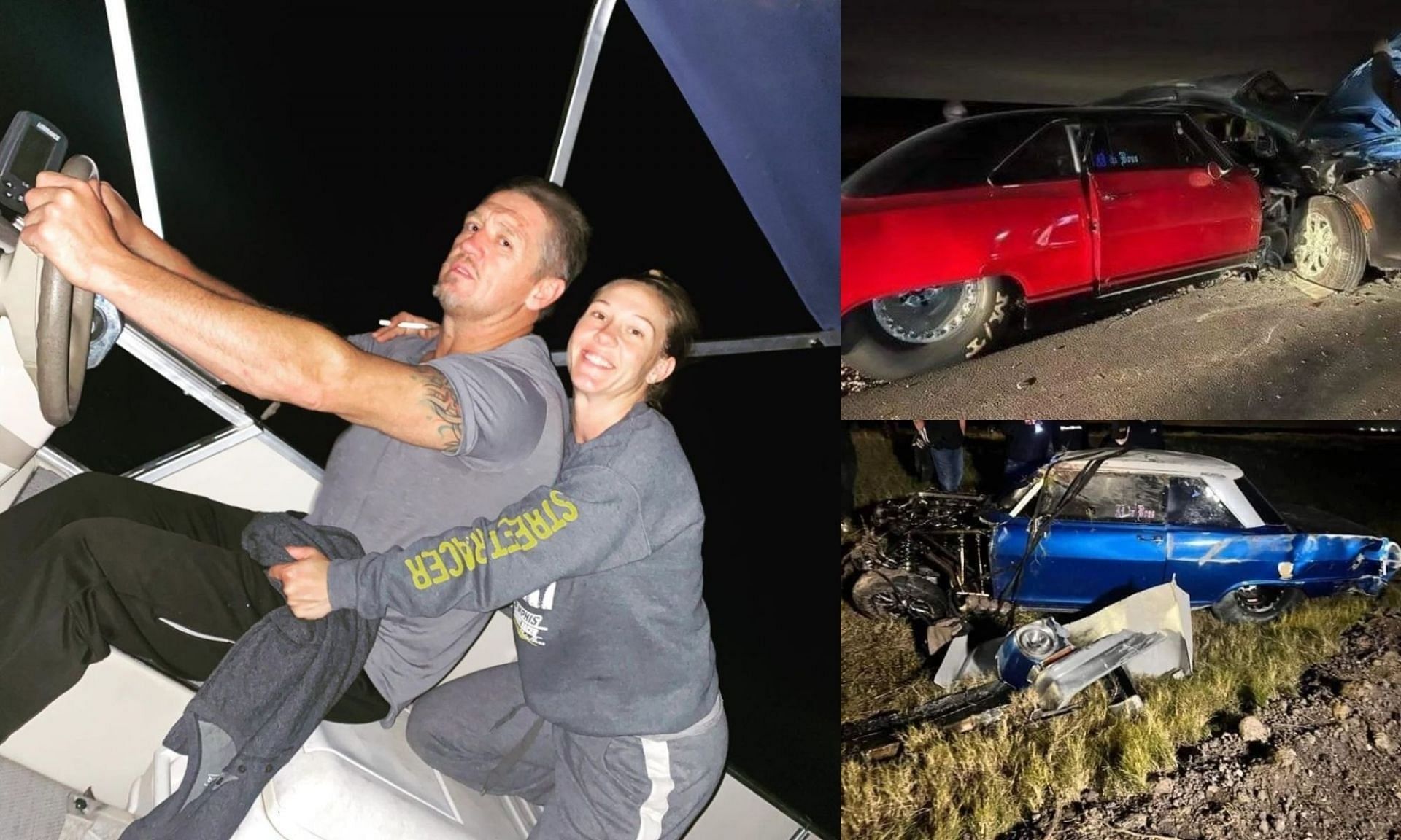 JJ Da Boss and Tricia, and their crashed cars (Image via jj_da_bossmso/Instagram, and muscle.car.mayhem/Instagram)