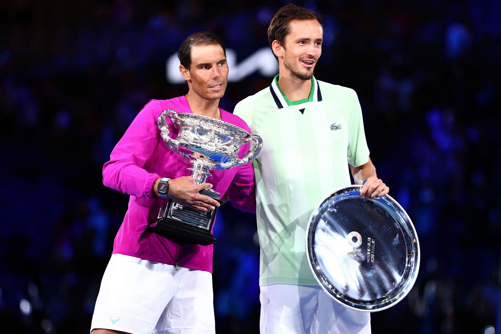 Rafael Nadal (L) and Daniil Medvedev pose during the trophy presentation for the Men&rsquo;s Singles Final match at the 2022 Australian Open