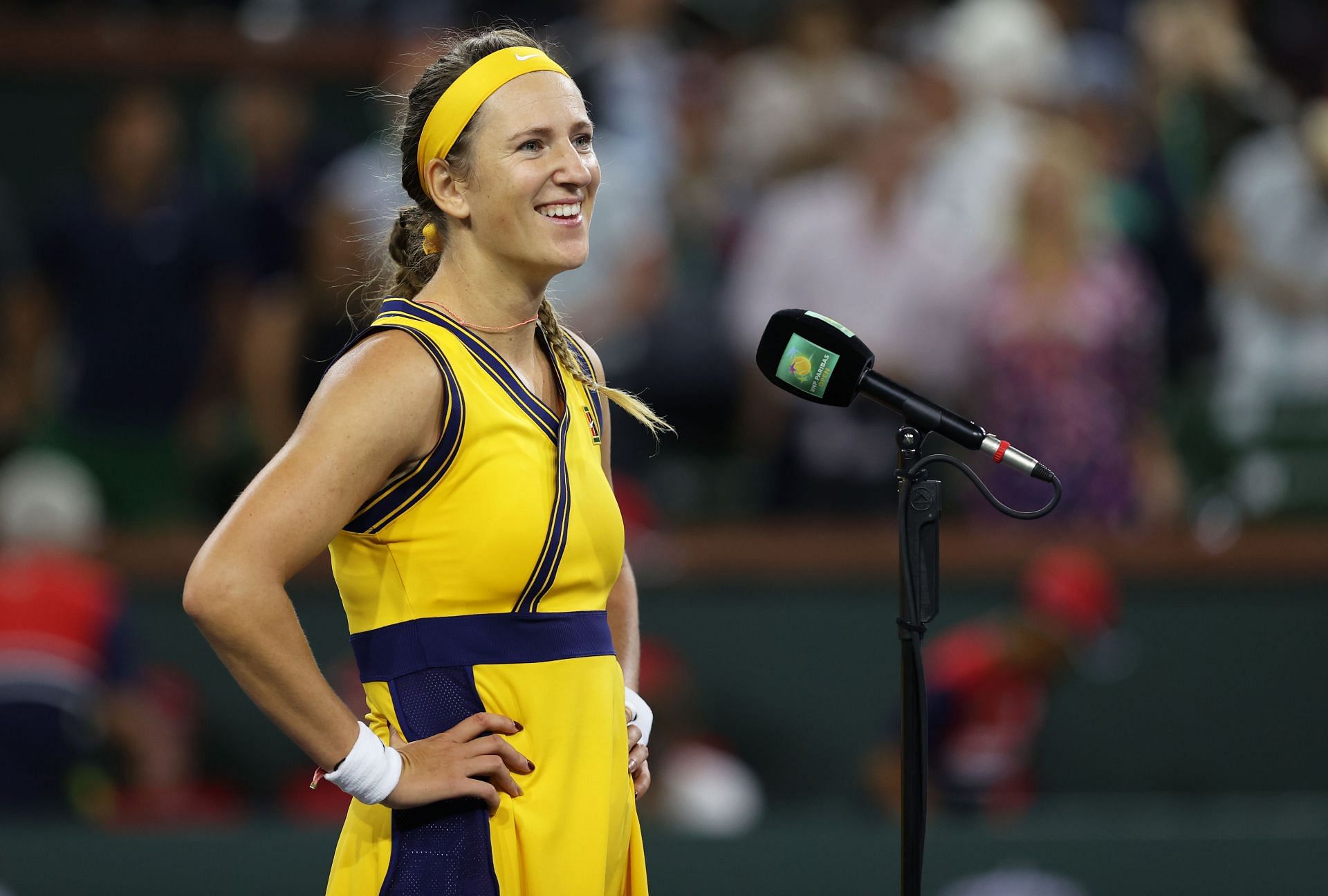 Victoria Azarenka speaks to the crowd after a win at the BNP Paribas Open
