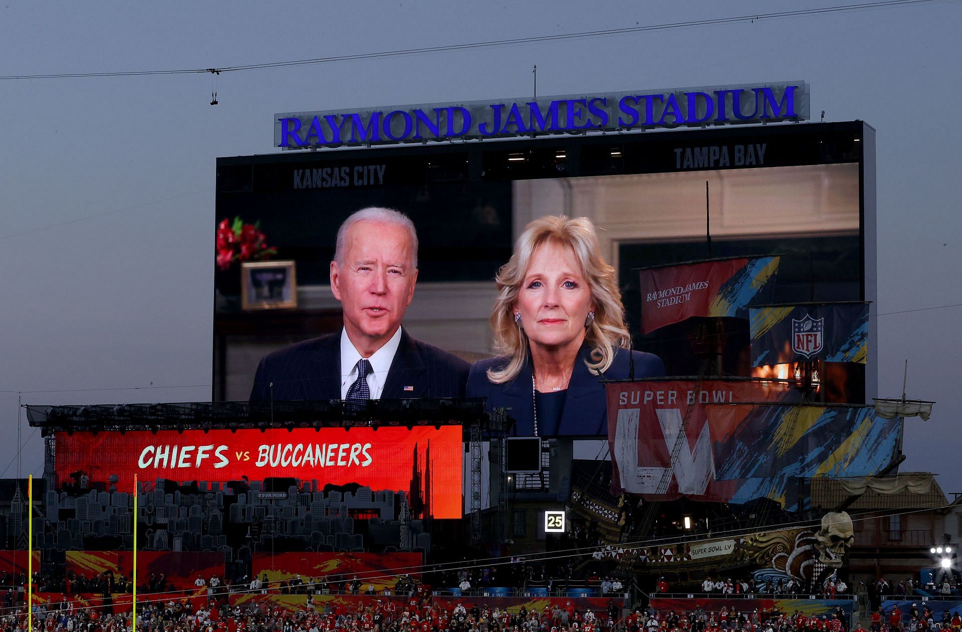 President Joe Biden and First Lady Jill Biden speak before Super Bowl LV