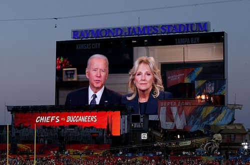 President Joe Biden and First Lady Jill Biden speak before Super Bowl LV