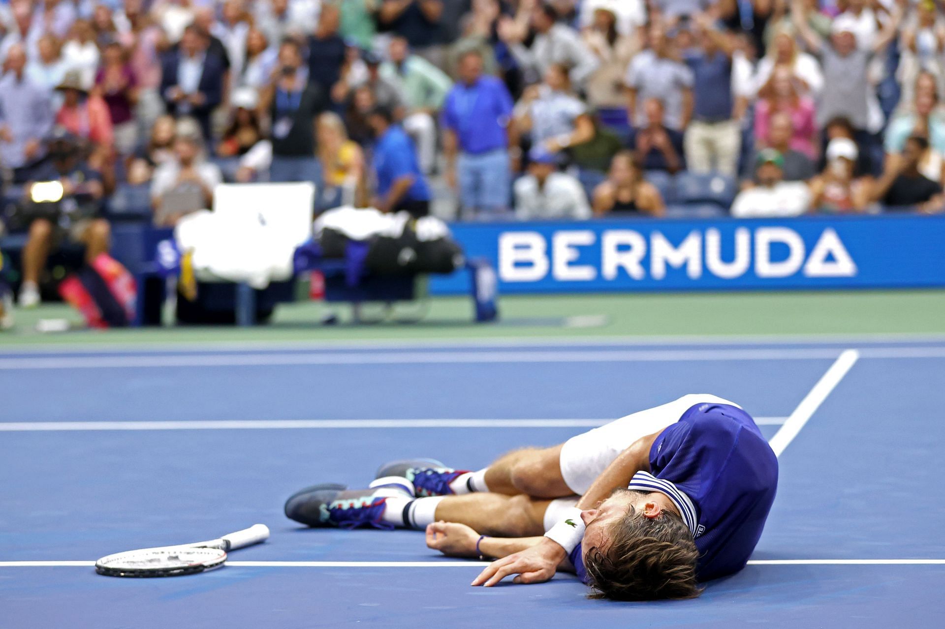 Daniil Medvedev with the iconic &#039;dead fish&#039; celebration after winning the 2021 US Open
