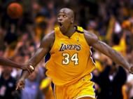 Shaquille O'Neal celebrating after a big dunk in Game 7 of the 2000 WCF.