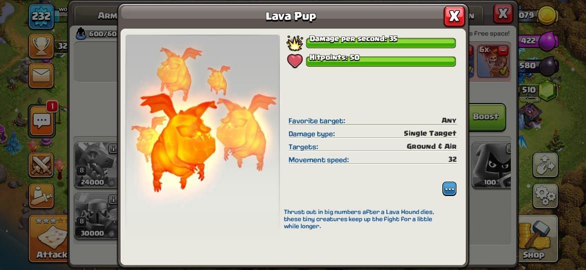 The Lava Pup&#039;s statistics (via Clash of Clans)