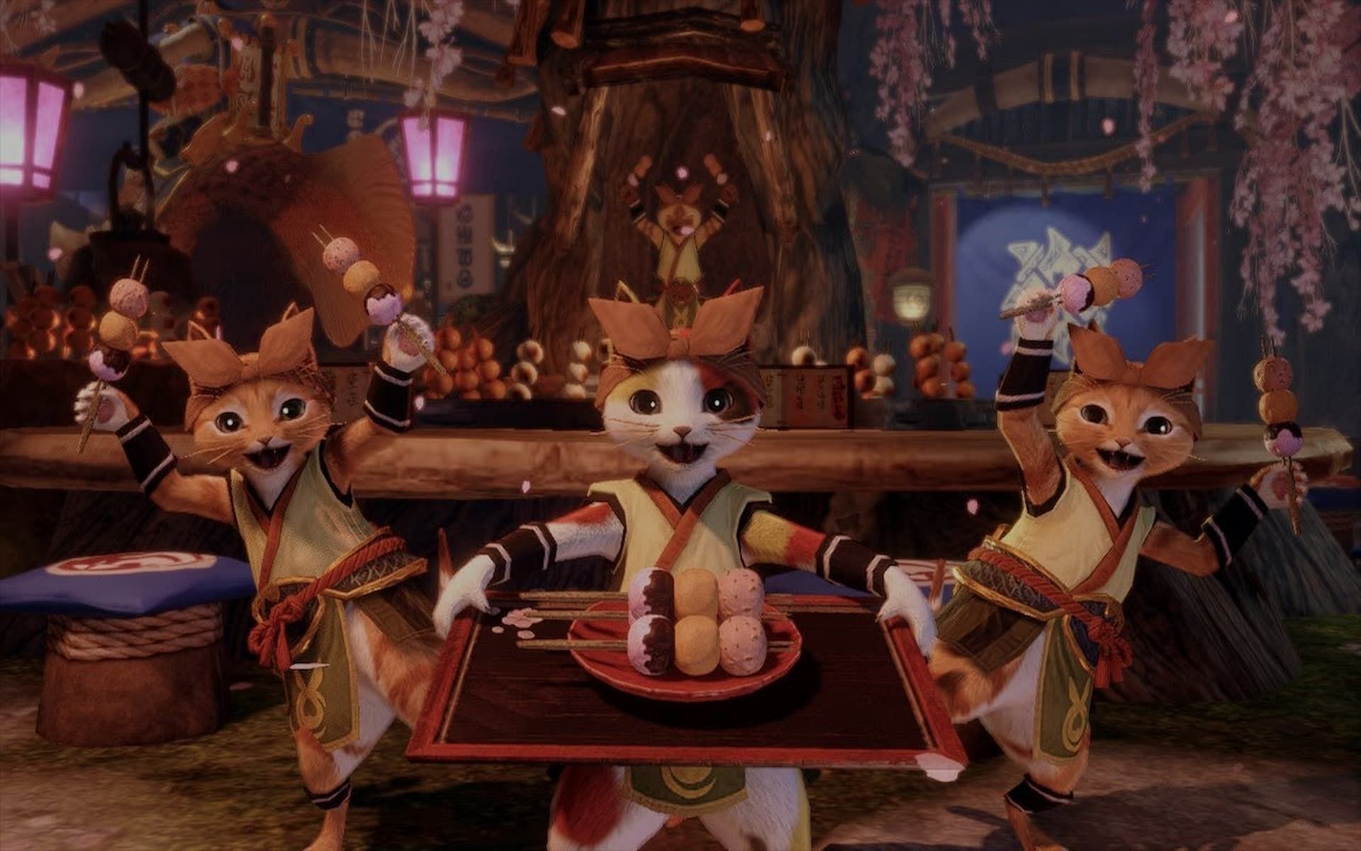 Cats serving Dango in MHR (Image via Capcom)
