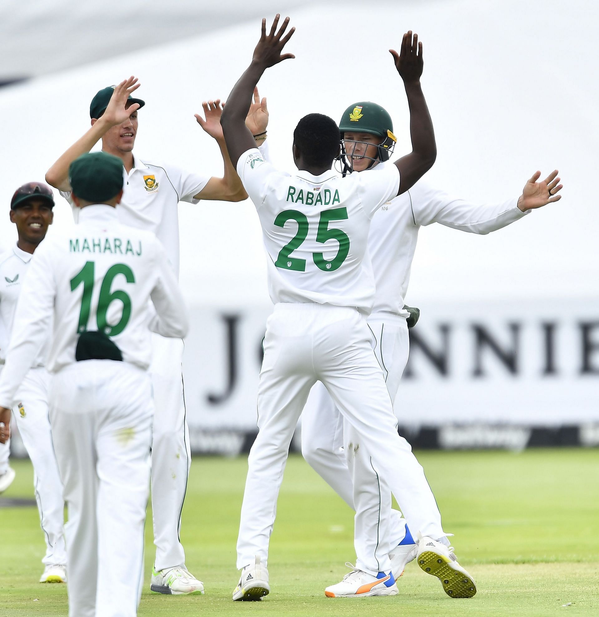 South Africa celebrate the wicket of Mayank Agarwal