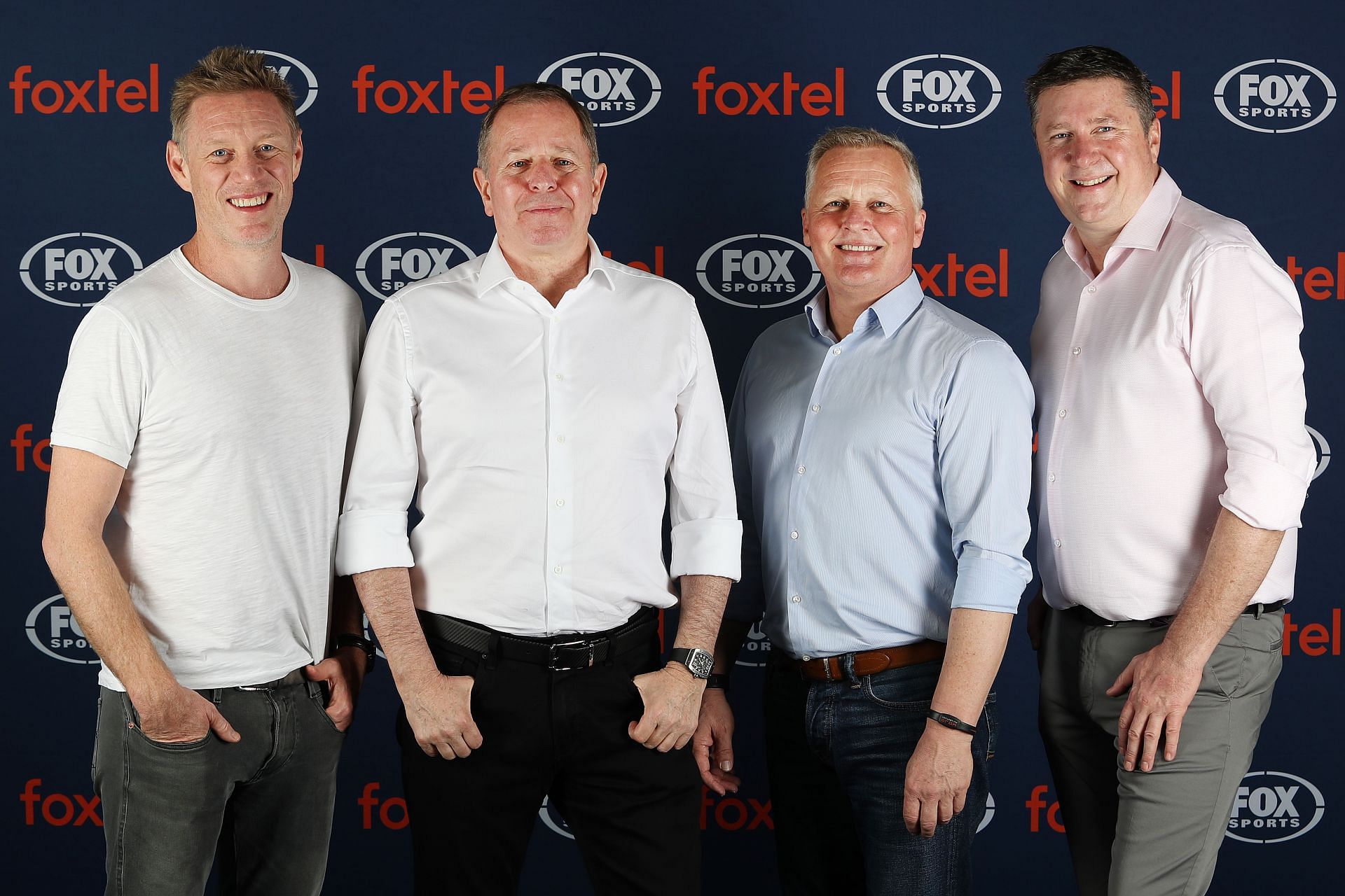 Sky Sports F1 pundits Simon Lazenby, Martin Brundle, Johnny Herbert and David Croft pose for a portrait. (Photo by Jack Thomas/Getty Images for Fox Sports)