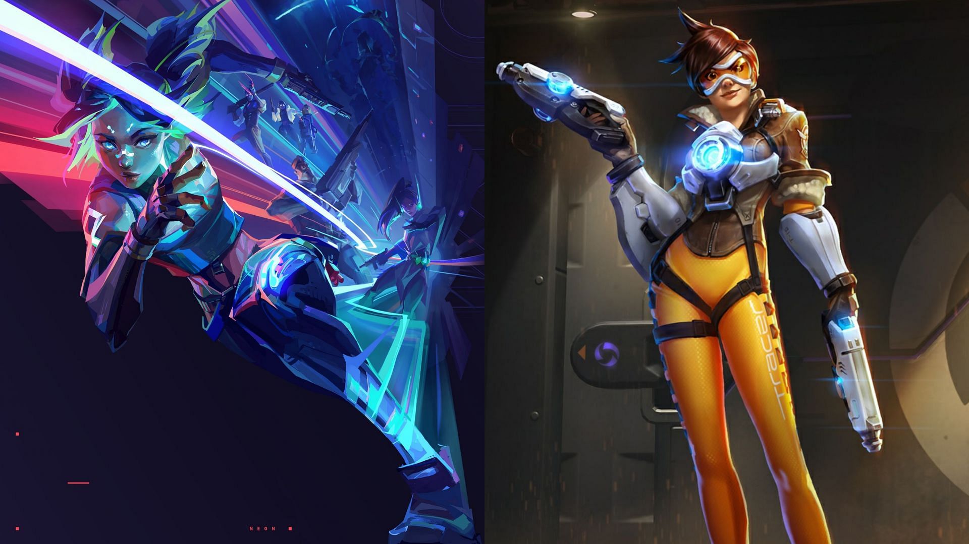 Valorant&#039;s upcoming agent Neon vs Tracer, the DPS from Overwatch (Image via Sportskeeda)