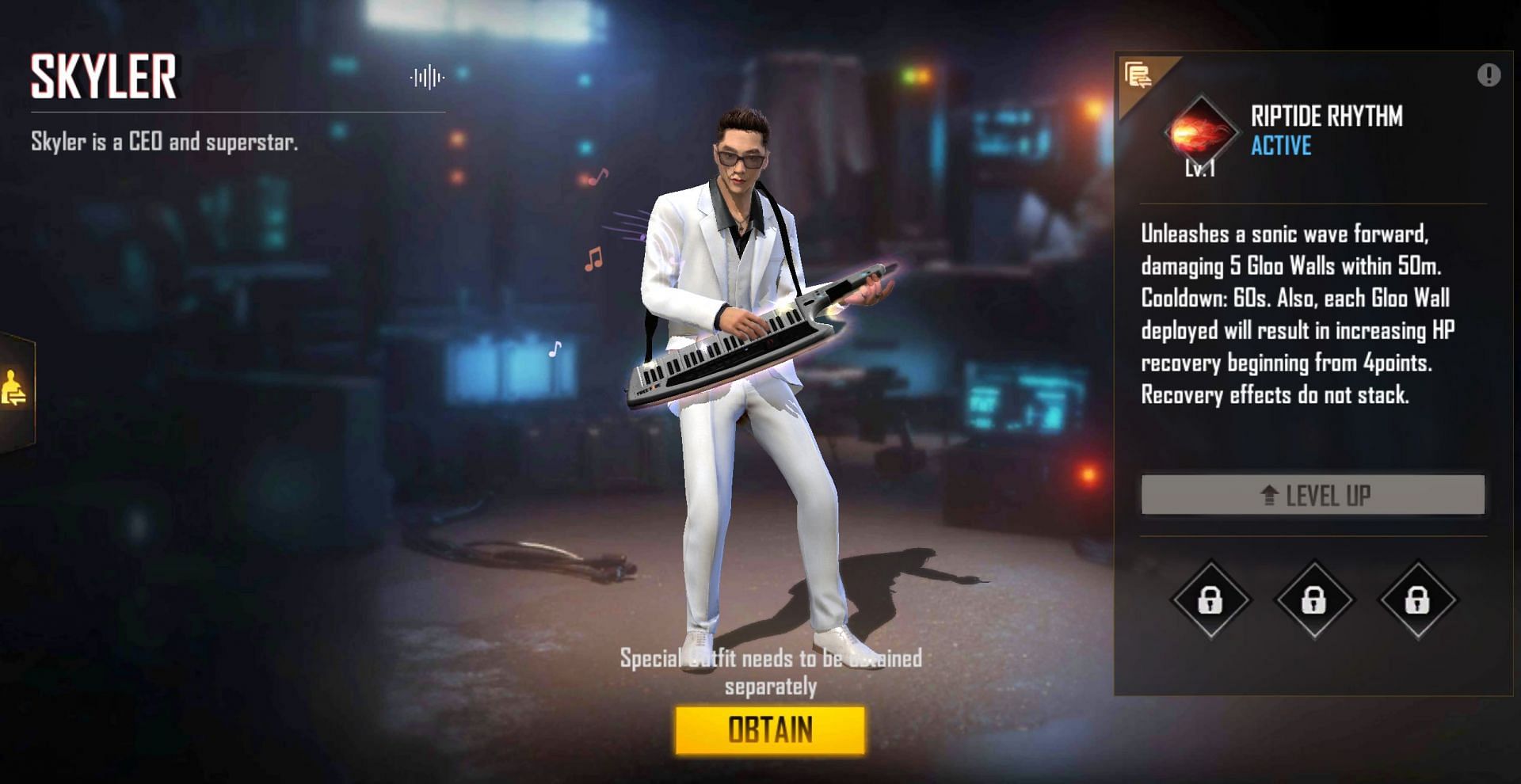 The name of Skyler&#039;s skill in Free Fire is Riptide Rhythm (Image via Garena)