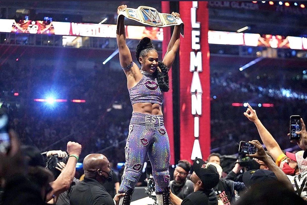 Bianca Belair, after winning the WWE SmackDown Women&#039;s Championship at WrestleMania 37