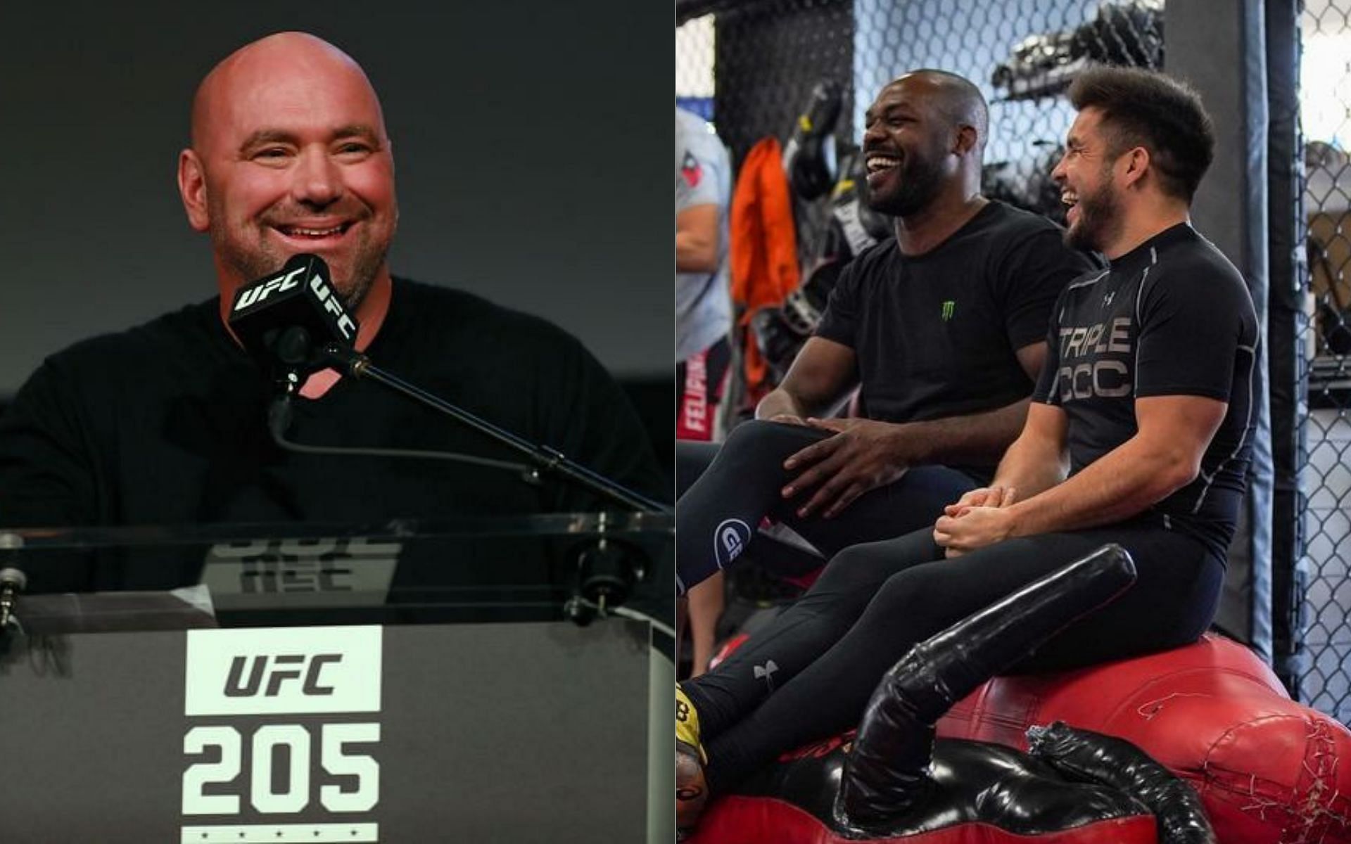 Dana White (left) and Jon Jones &amp; Henry Cejudo (right)