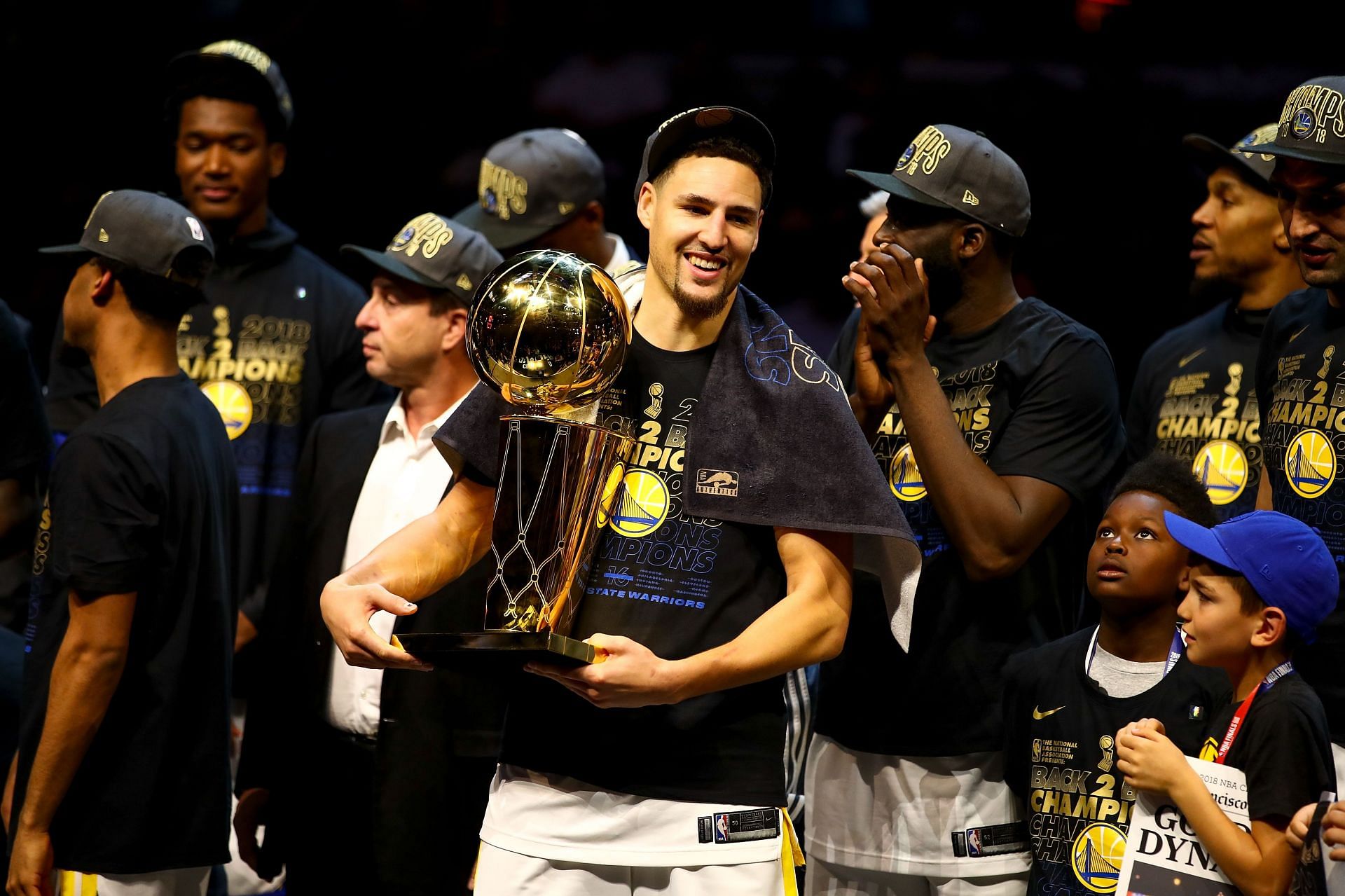 Klay Thompson celebrates winning the 2018 NBA Finals - Game Four with Golden State Warriors