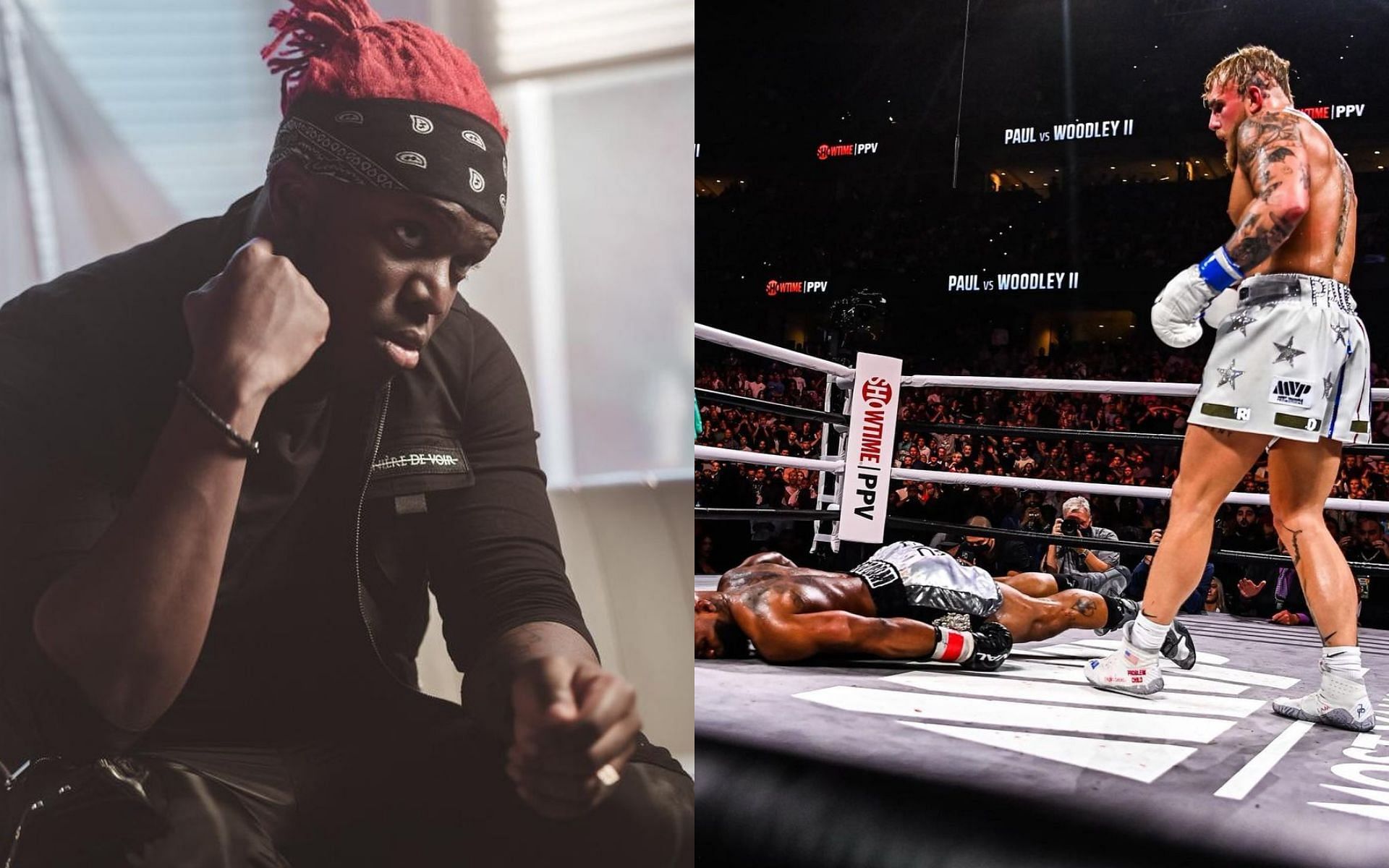 KSI (L), Jake Paul defeating Tyron Woodley (R) [Image credits: @ksi, @jakepaul ]