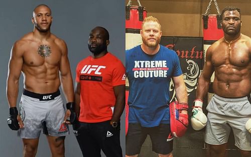 Ciryl Gane with Fernand Lopez (L) and Francis Ngannou with Erik Nicksick (R) via Instagram @lopez_fernand and @eric_xcmma