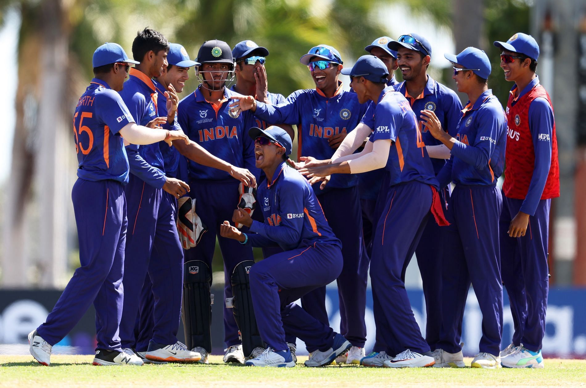 An ecstatic Indian team celebrates a wicket against Bangladesh. Pic: BCCI